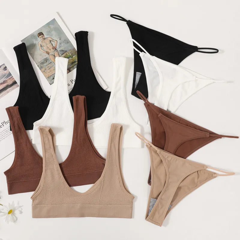 CowLost | women-seamless-bras-set-plunge-tops-non-wire-bralette-low-waist-g-string-thongs-solid-color-underwear-female-sexy-lingerie-set |6