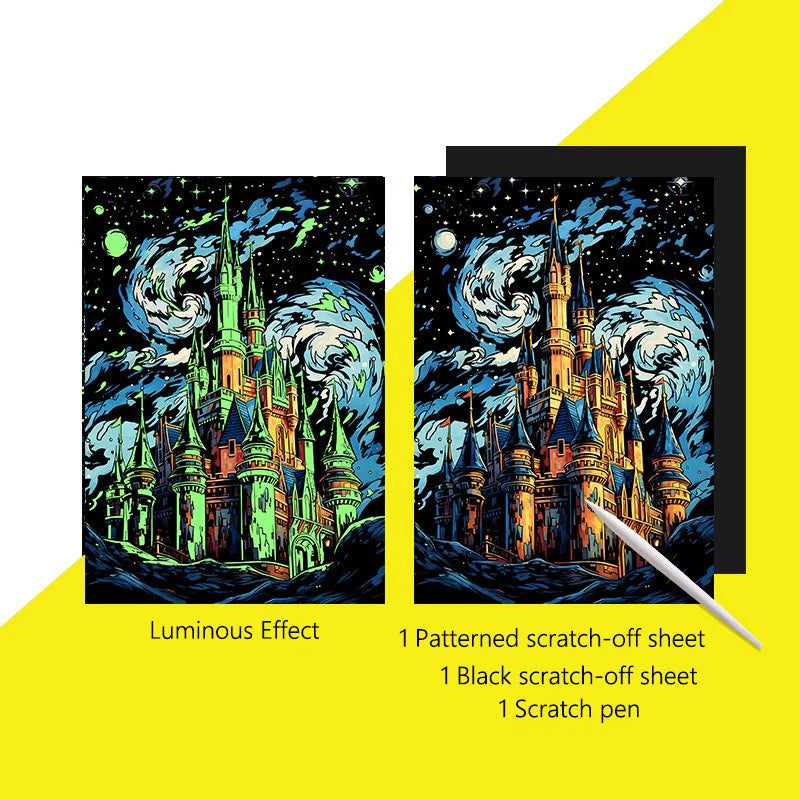 CowLost | product_id-a3-diy-noctilucent-scratch-painting-kit-castle-starry-cat-dolphin-landscape-night-scenes |29