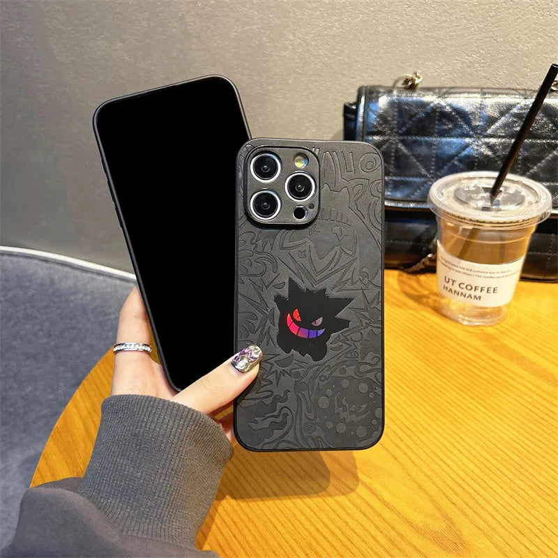 CowLost | cute-cartoon-gengar-laser-embossed-leather-texture-shockproof-phone-case-for-iphone-11-to-17-pro-max |2