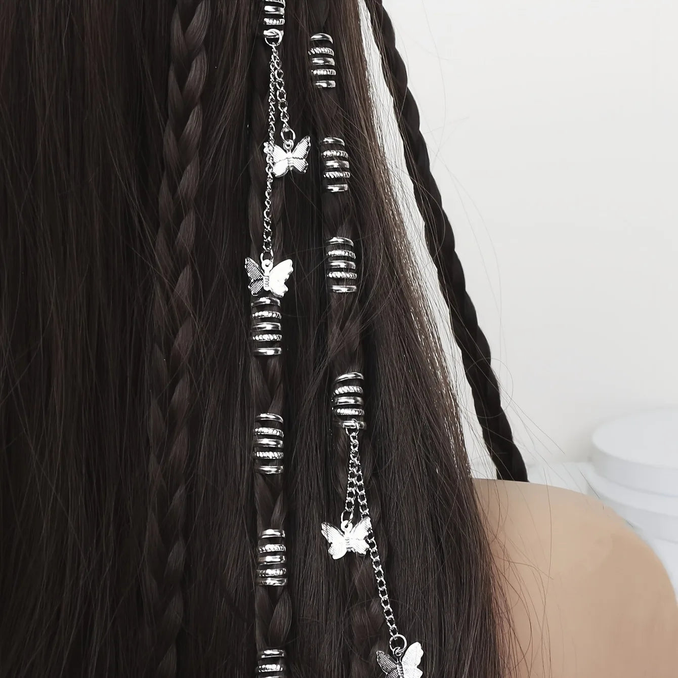 12pcs Hippie Style Butterfly Tassel Hair Beads and Rings for Girls