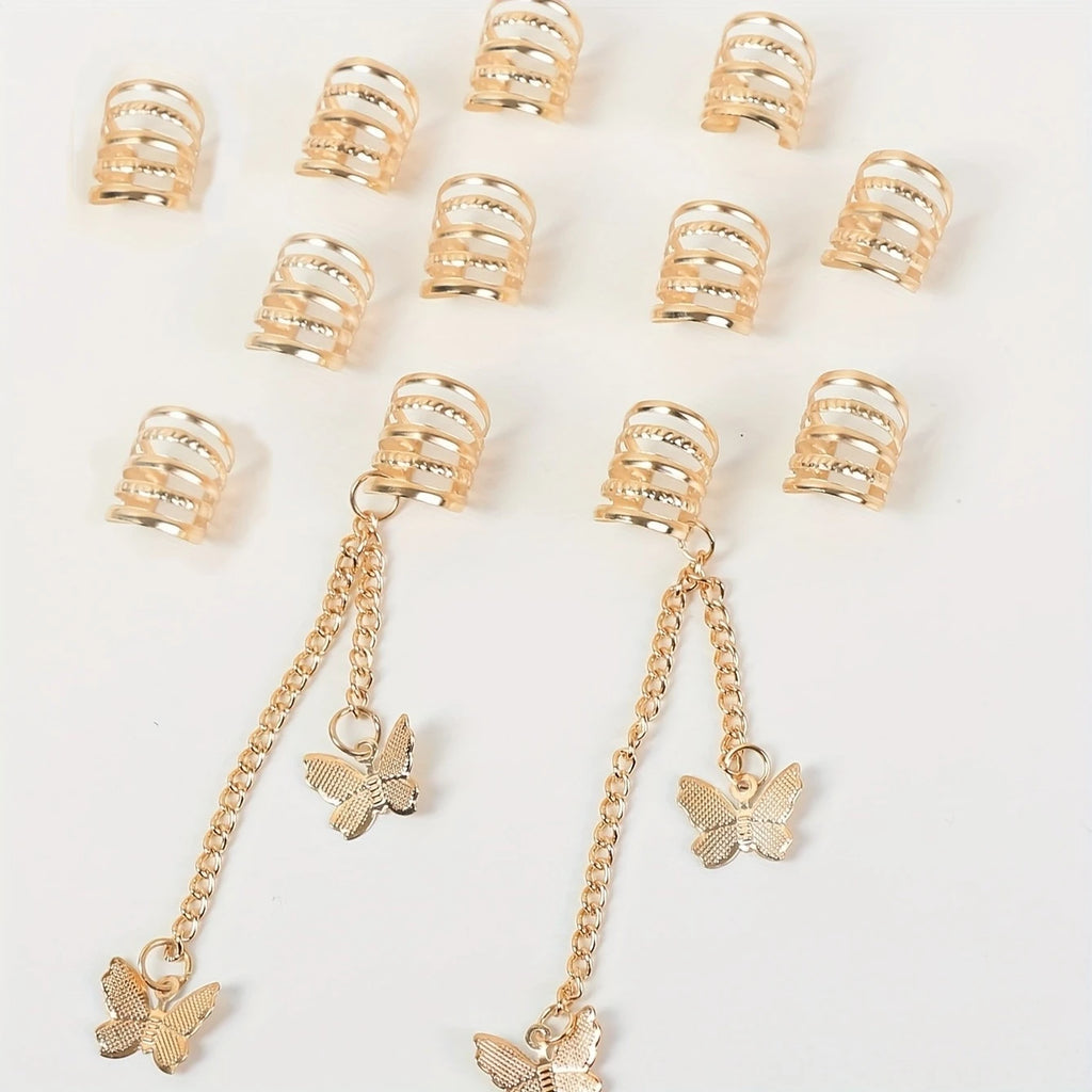 CowLost | 12pcs-hippie-style-butterfly-tassel-hair-beads-and-rings-for-girls |8