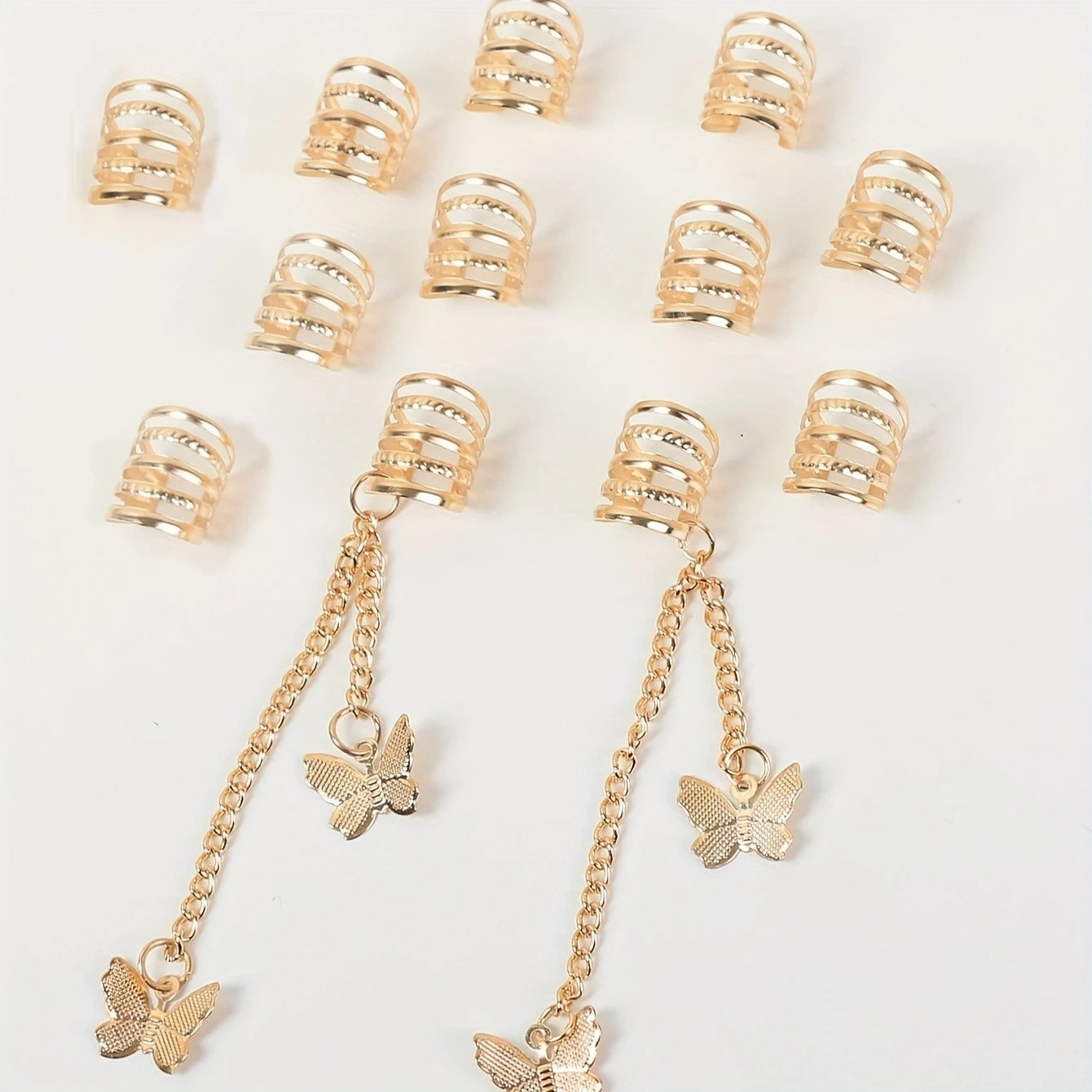 12pcs Hippie Style Butterfly Tassel Hair Beads and Rings for Girls