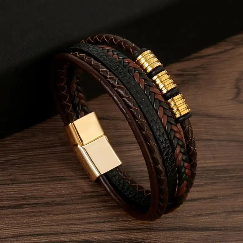 CowLost | punk-men-leather-bracelet-with-stainless-steel-magnetic-clasp-braided-mutilayer |25