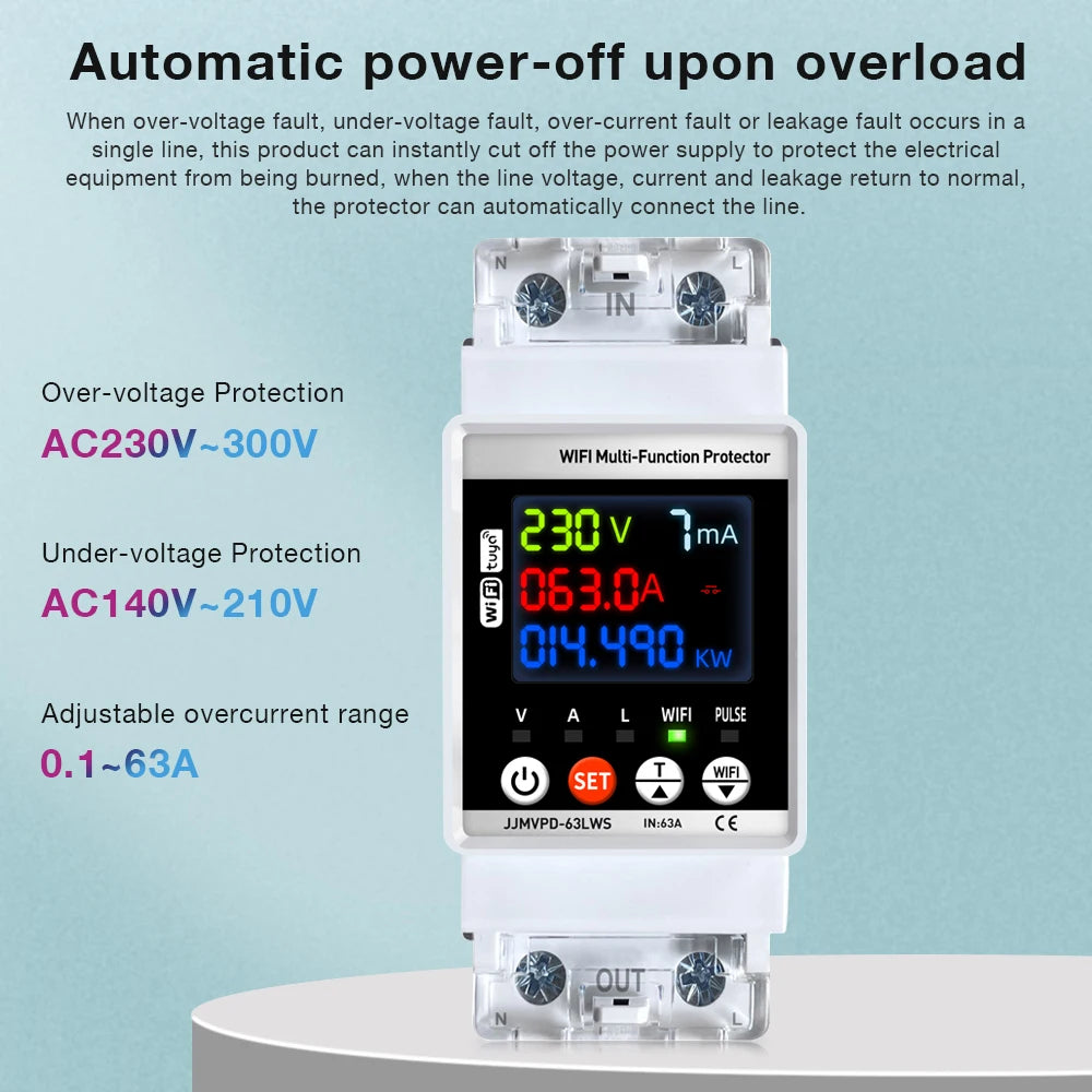 Tuya WiFi Smart Power Meter 63A Energy Switch with Automatic Protector and Voltage Tester