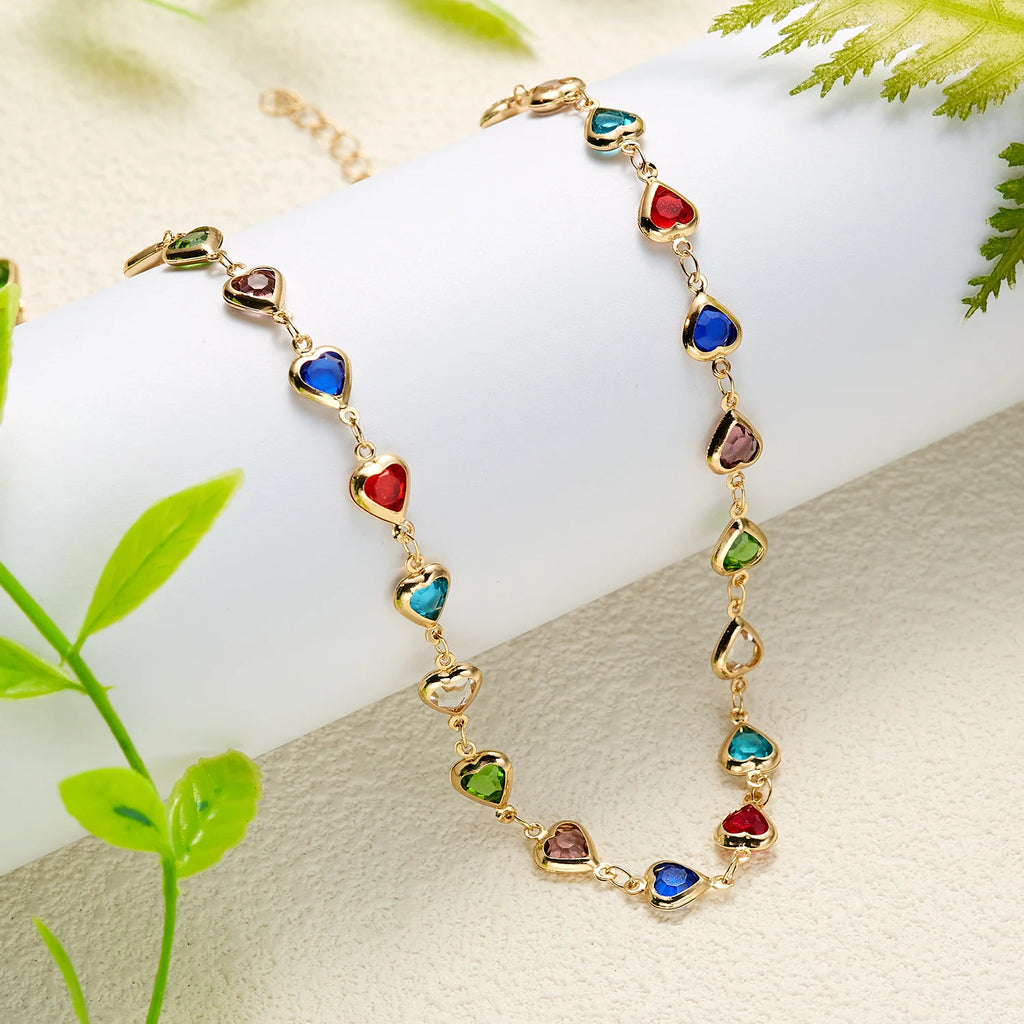 CowLost | exquisite-rainbow-zircon-heart-choker-necklace-for-women-korean-crystal-gold-color-metal-chain-collar-girls-party-beach-jewelry |1
