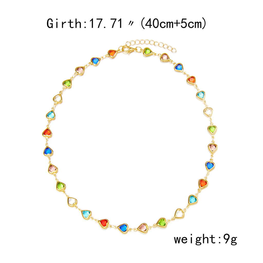 CowLost | exquisite-rainbow-zircon-heart-choker-necklace-for-women-korean-crystal-gold-color-metal-chain-collar-girls-party-beach-jewelry |9