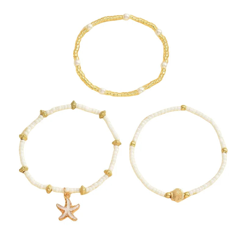 Bohemian Starfish Shell Millet Bead Three-Layer Anklet Set