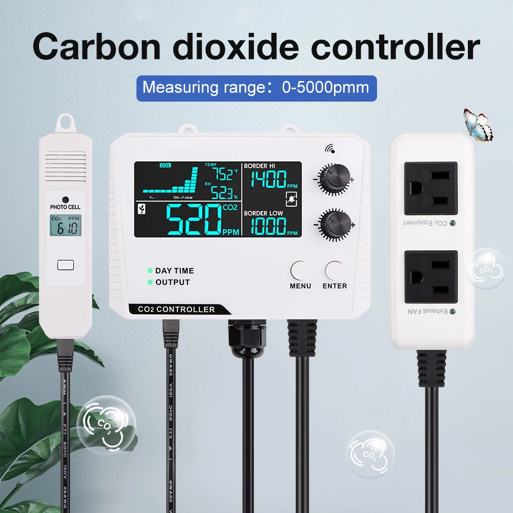 JUANJUAN CO2 Controller with LCD Display 0-5000ppm Carbon Dioxide Regulator for Greenhouse Air Quality Monitoring