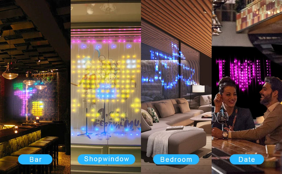 Programmable RGB Smart LED Window Curtain Lights with APP Remote and DIY Text Patterns