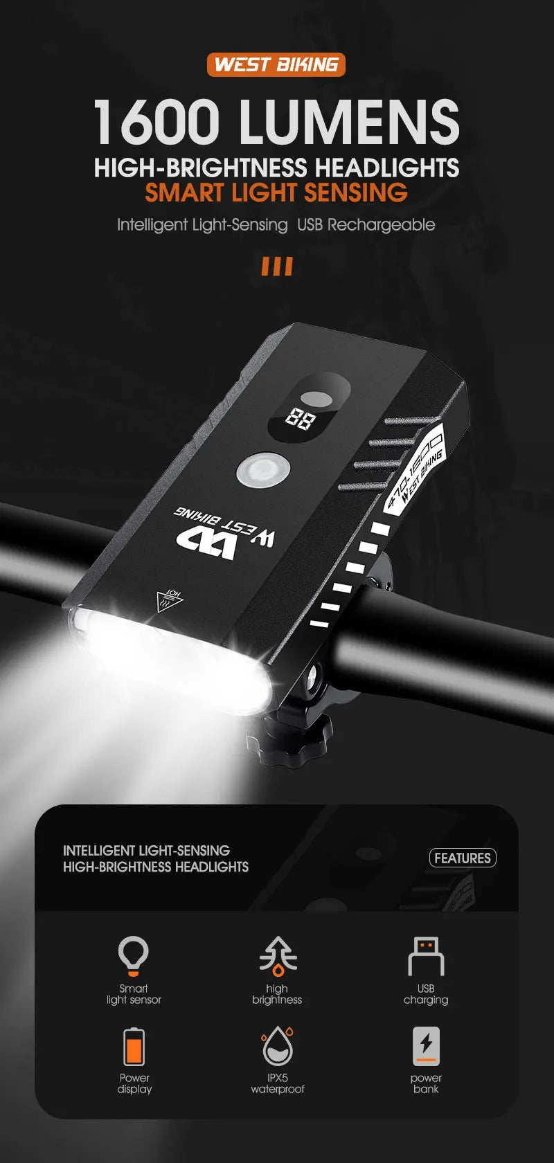 CowLost | west-biking-bike-front-light-induction-bicycle-bright-light-usb-charging-flashlight-cycling-waterproof-torch-bike-headlight |33