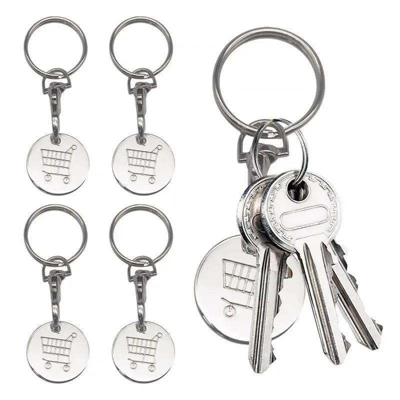 1/6Pcs Stainless Steel Trolley Tokens Keychains Portable Shopping Cart Key Rings Decoration