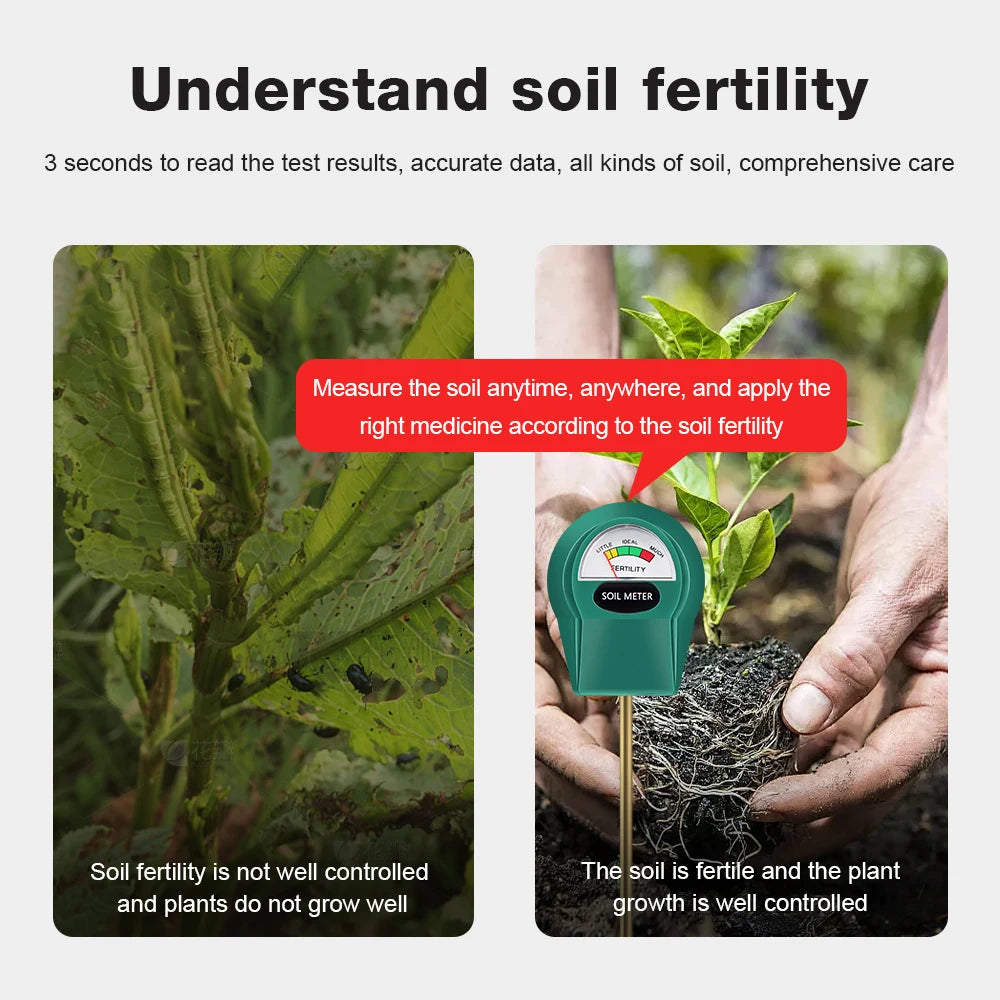 Handheld Soil PH, Moisture & Fertility Meter with Metal Probe No Batteries Needed