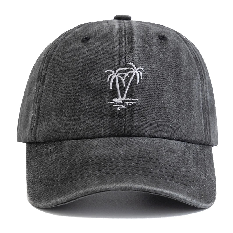 CowLost | unisex-washed-cotton-cap-coconut-tree-embroidery-vintage-baseball-cap |2