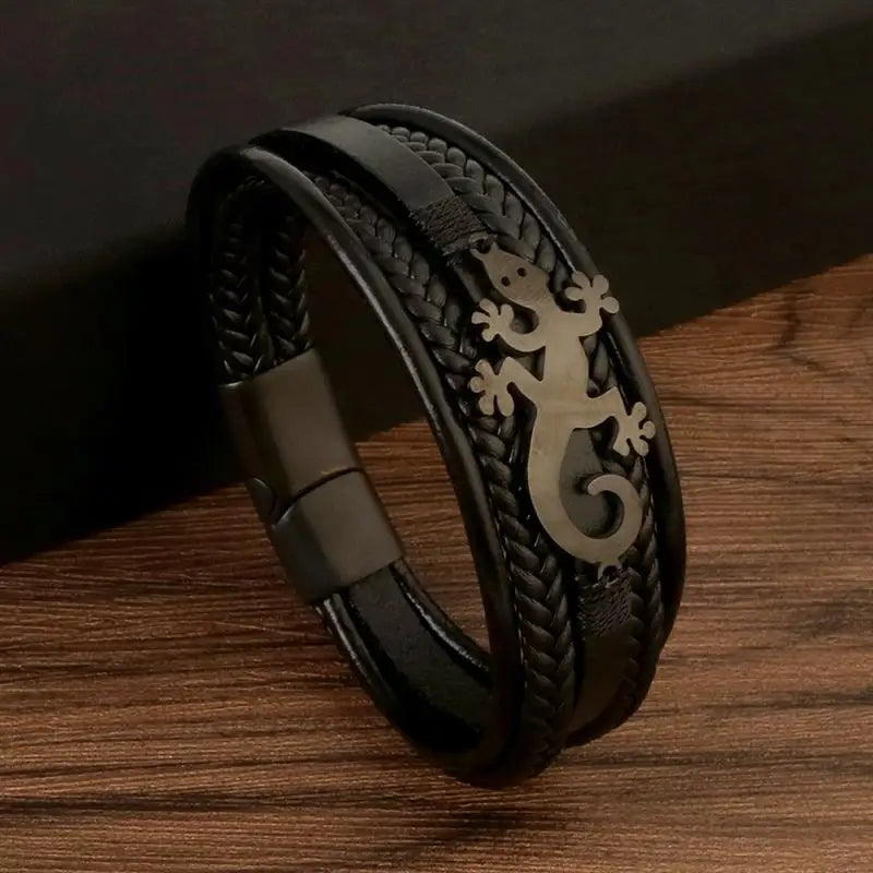 CowLost | jiayiqi-trendy-leather-cord-men-bracelet-metal-animal-gecko-pattern-bracelet |8