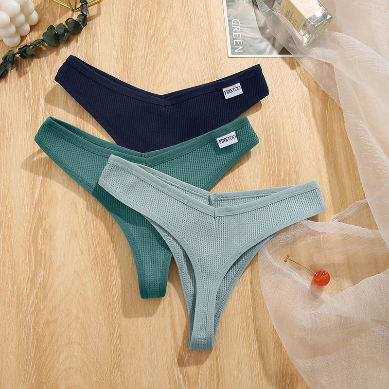 CowLost | activewear-pants-3pcs-cotton-waffle-women-s-sexy-thong-panties-set |12