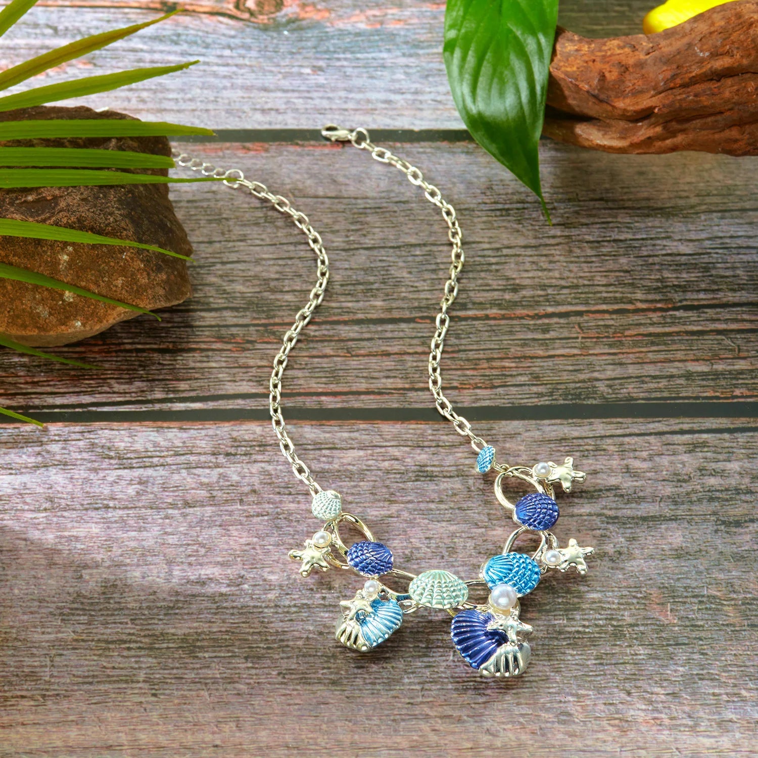 CowLost | boho-starfish-shell-coral-pearl-pendant-necklace-for-women-shiny-crystal-zircon-dripping-oil-beach-clavicle-choker-charm-jewelry |5