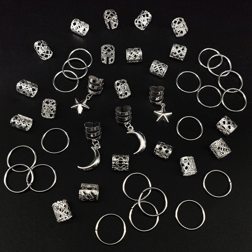 CowLost | 44pcs-stars-moon-combination-fashion-metal-cutout-dreadlock-hair-rings |10