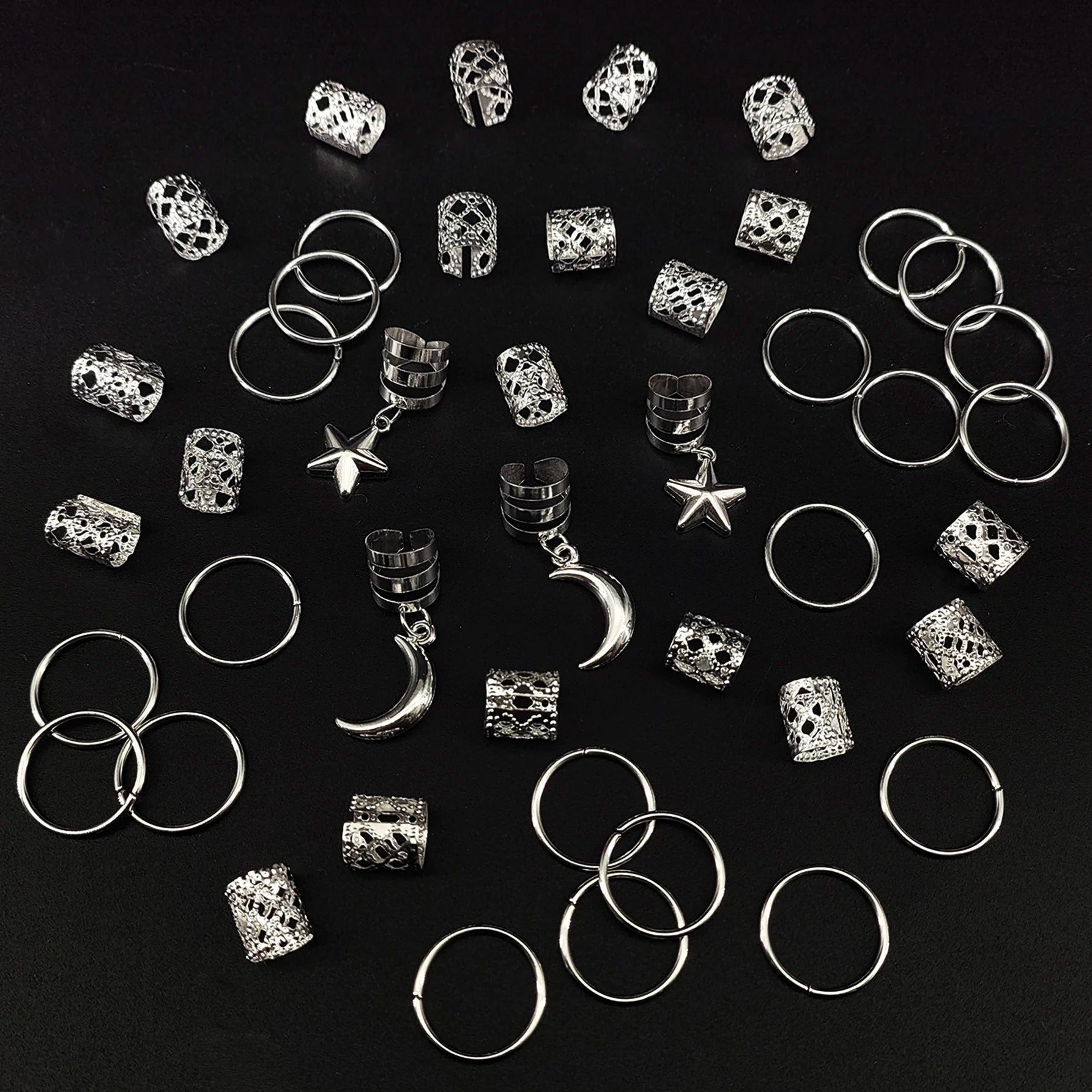 CowLost | 44pcs-stars-moon-combination-fashion-metal-cutout-dreadlock-hair-rings |10