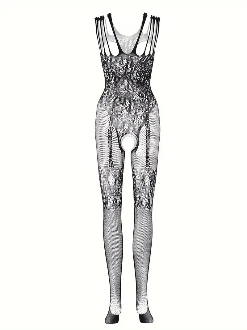 CowLost | sheer-floral-jacquard-fishnet-bodysuit-high-stretch-open-chest-womens-sexy-lingerie |12