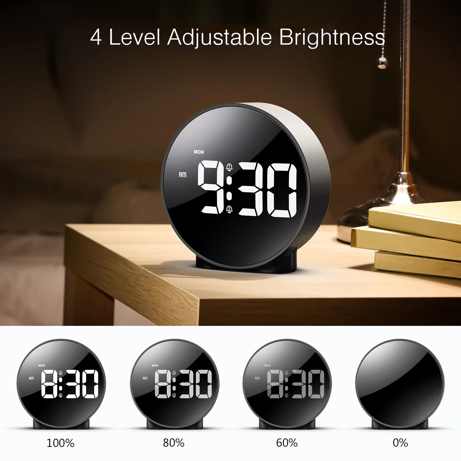 ORIA Digital LED Alarm Clock with Snooze Night Light USB Round Table Clock 3 Colors
