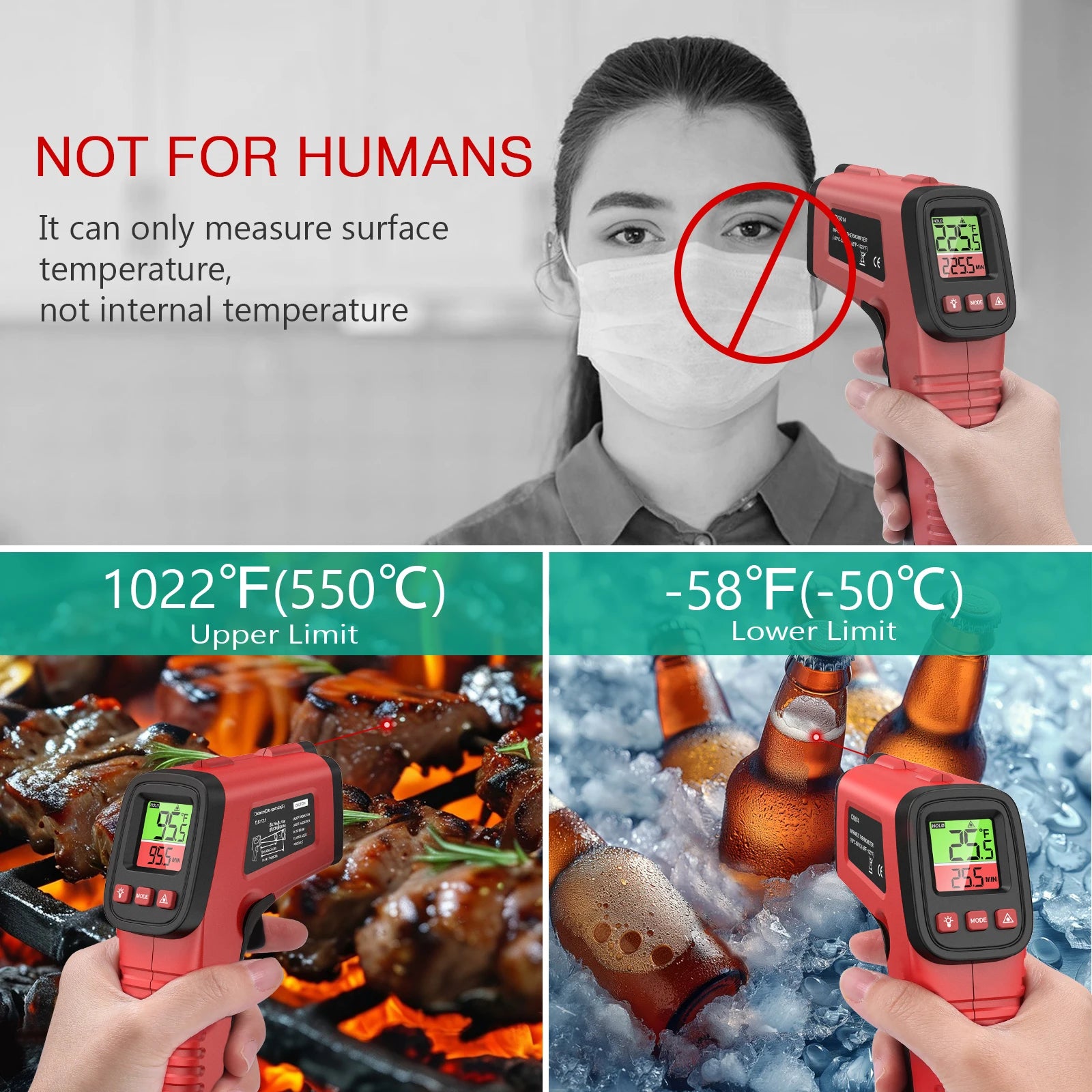 ORIA Infrared Non-Contact Thermometer Gun with Backlit Display and C/F Switch for Industrial and Cooking Use