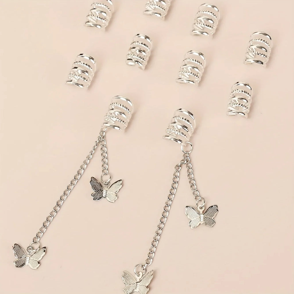 CowLost | 12pcs-hippie-style-butterfly-tassel-hair-beads-and-rings-for-girls |6