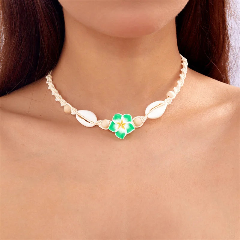 CowLost | bohemia-conch-beads-braided-necklaces-for-women-pink-green-cute-little-daisy-flower-choker-hand-woven-summer-beach-party-jewelry |6