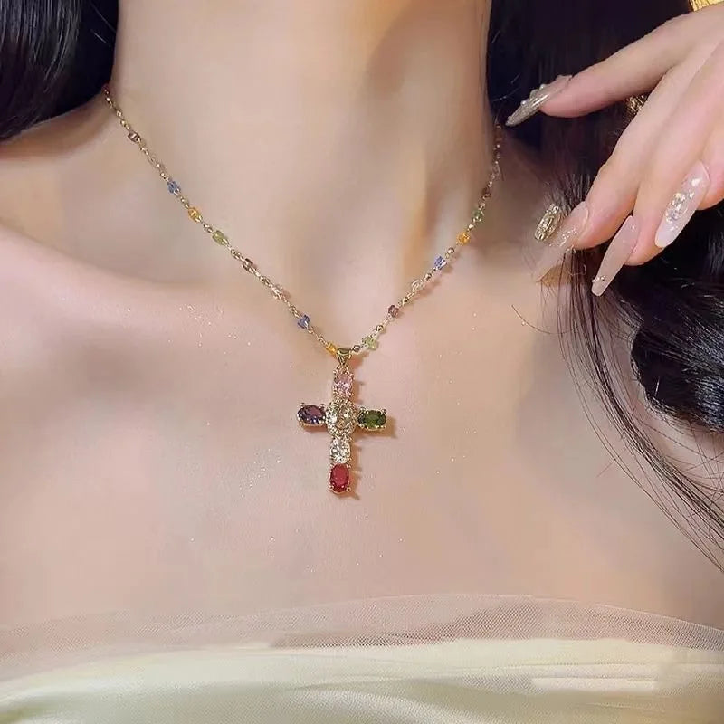 Colorful Zircon Cross Pendant Necklace Stainless Steel Religious Jewelry Gift