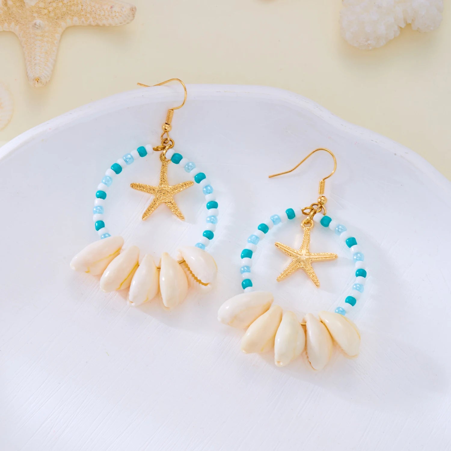 CowLost | boho-sea-shell-earrings-for-women-gold-color-trendy-metal-starfish-round-dangle-earring-girls-beach-party-statement-jewelry-gift |3
