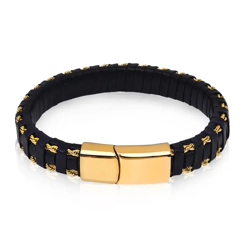 CowLost | jiayiqi-punk-new-leather-bracelet-black-braid-gold-color-stainless-steel-bangles-for-men |9