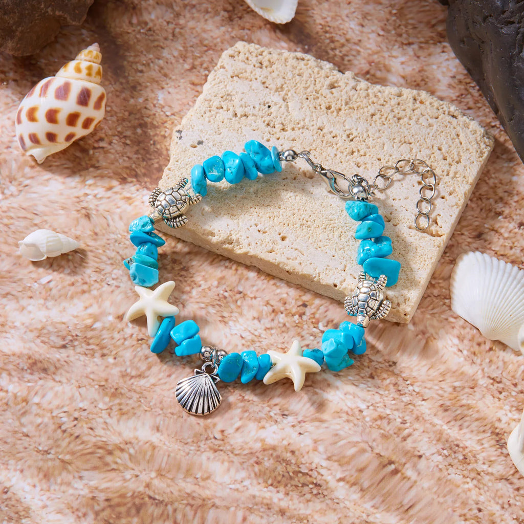 CowLost | bohemia-sea-turtle-bracelet-for-women-starfish-seahorse-shell-pearl-adjustable-metal-chain-summer-beach-party-vacation-jewelry |10