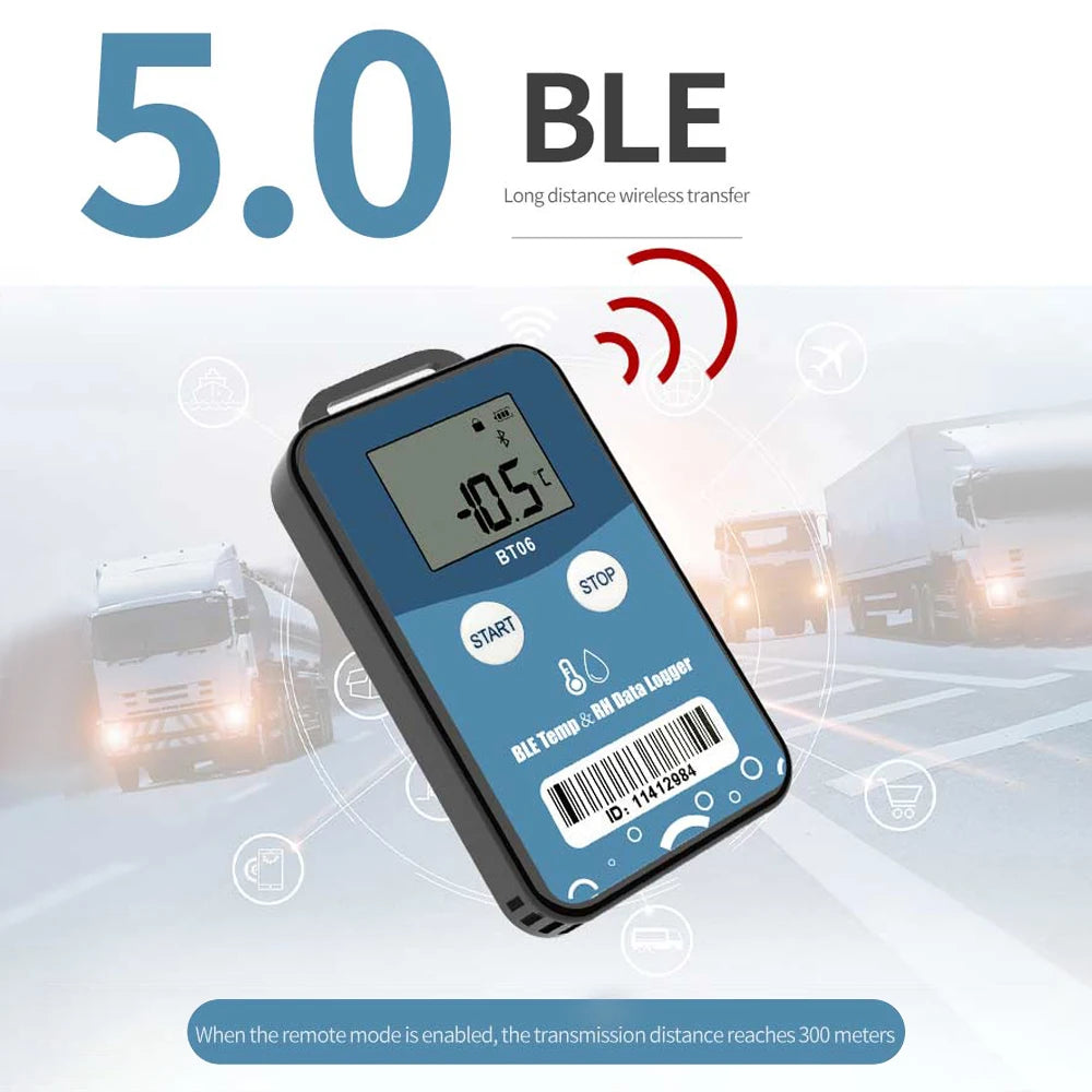 Bluetooth Temperature & Humidity Data Logger with LCD, Wireless Long-Range PDF Report Recorder for Delivery