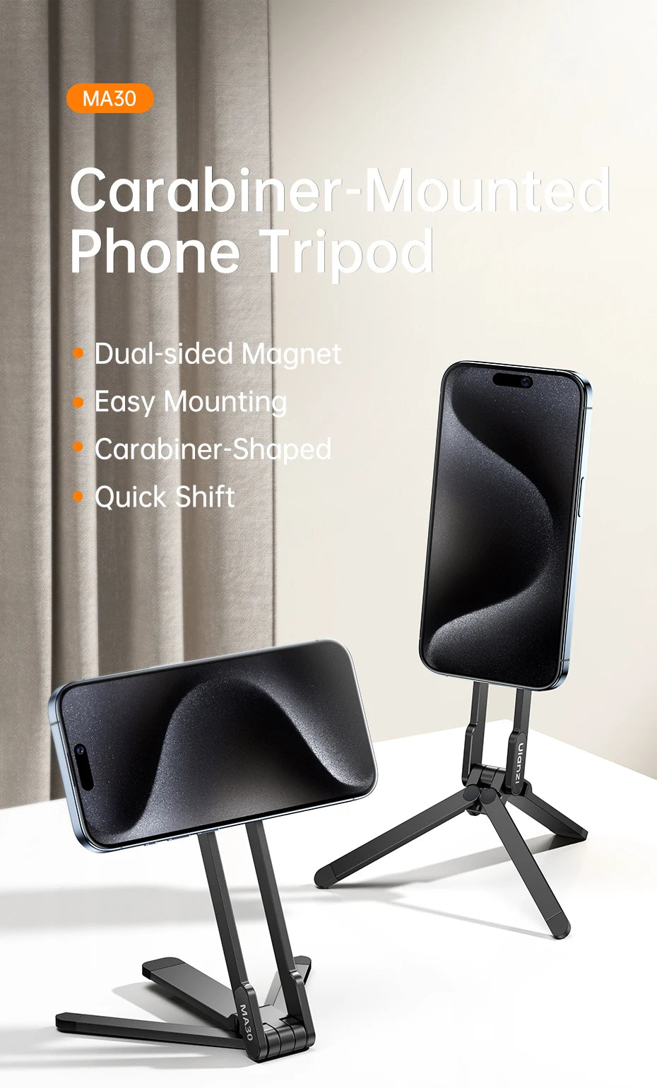 CowLost | ulanzi-ma30-carabiner-mounted-phone-tripod-for-iphone-15-14-13-12-pro-pro-max-dual-sided-magnet |6