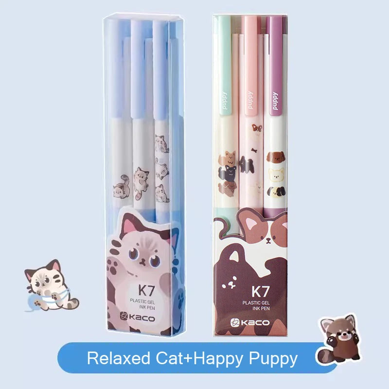CowLost | product_id-kaco-cute-happy-puppy-gel-pen-set-3pcs-k7-push-0-5mm-black-ink-quick-drying-gel-ink-pen-papeleria-for-girls |20