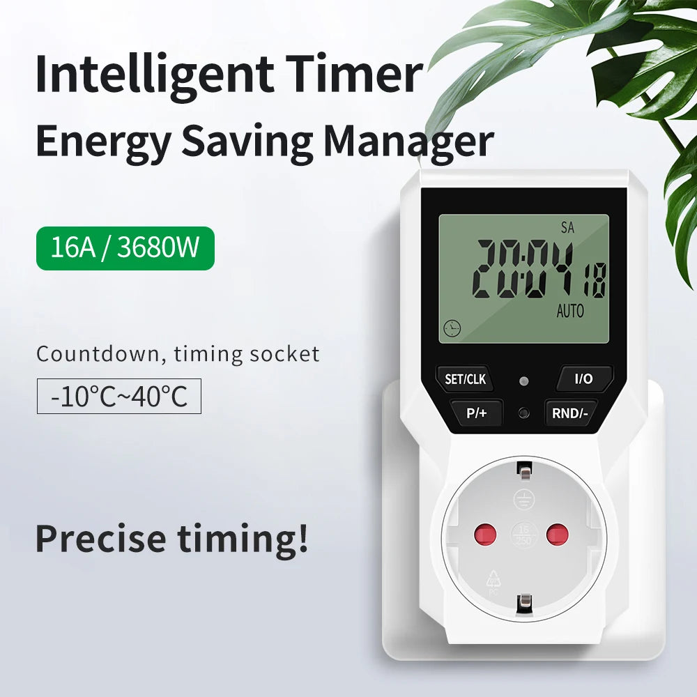 JUANJUAN Digital Programmable Timer Switch EU Plug LCD Display 10-Group Surge Protector 16A 3680W