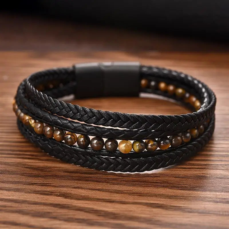 CowLost | badge-pass-holders-mens-natural-stone-beads-multilayer-leather-bracelet-with-magnetic-clasp |10