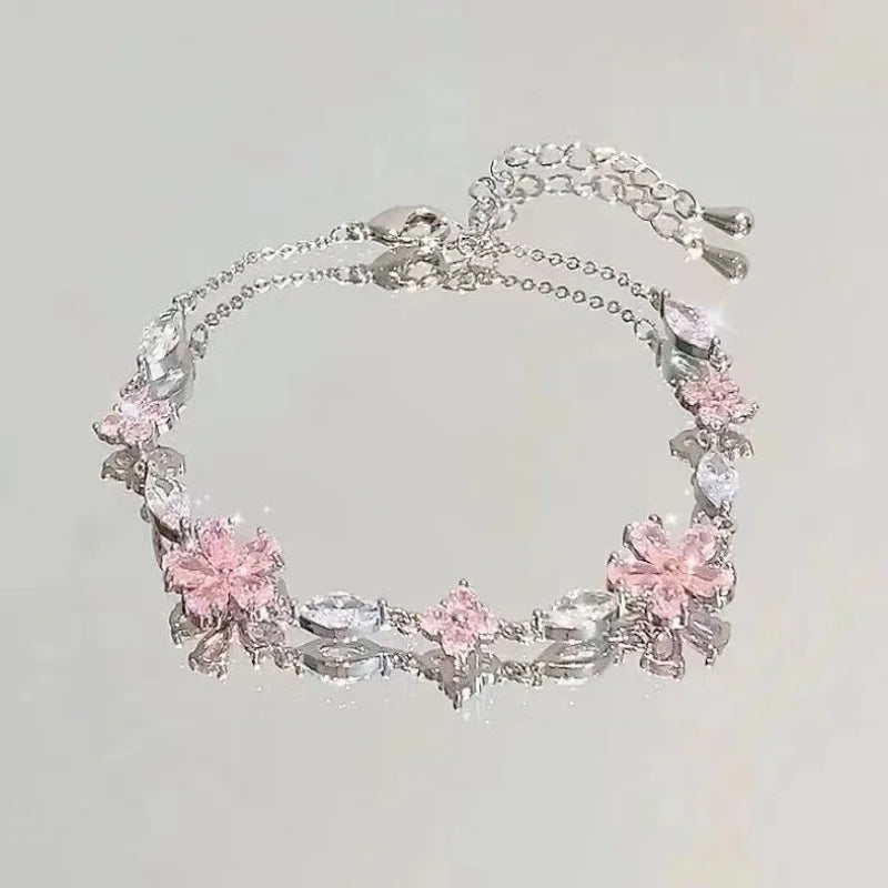 2025 Women’s Shiny Pink Zircon Butterfly Cherry Blossom Chain Bracelet Y2K Gift