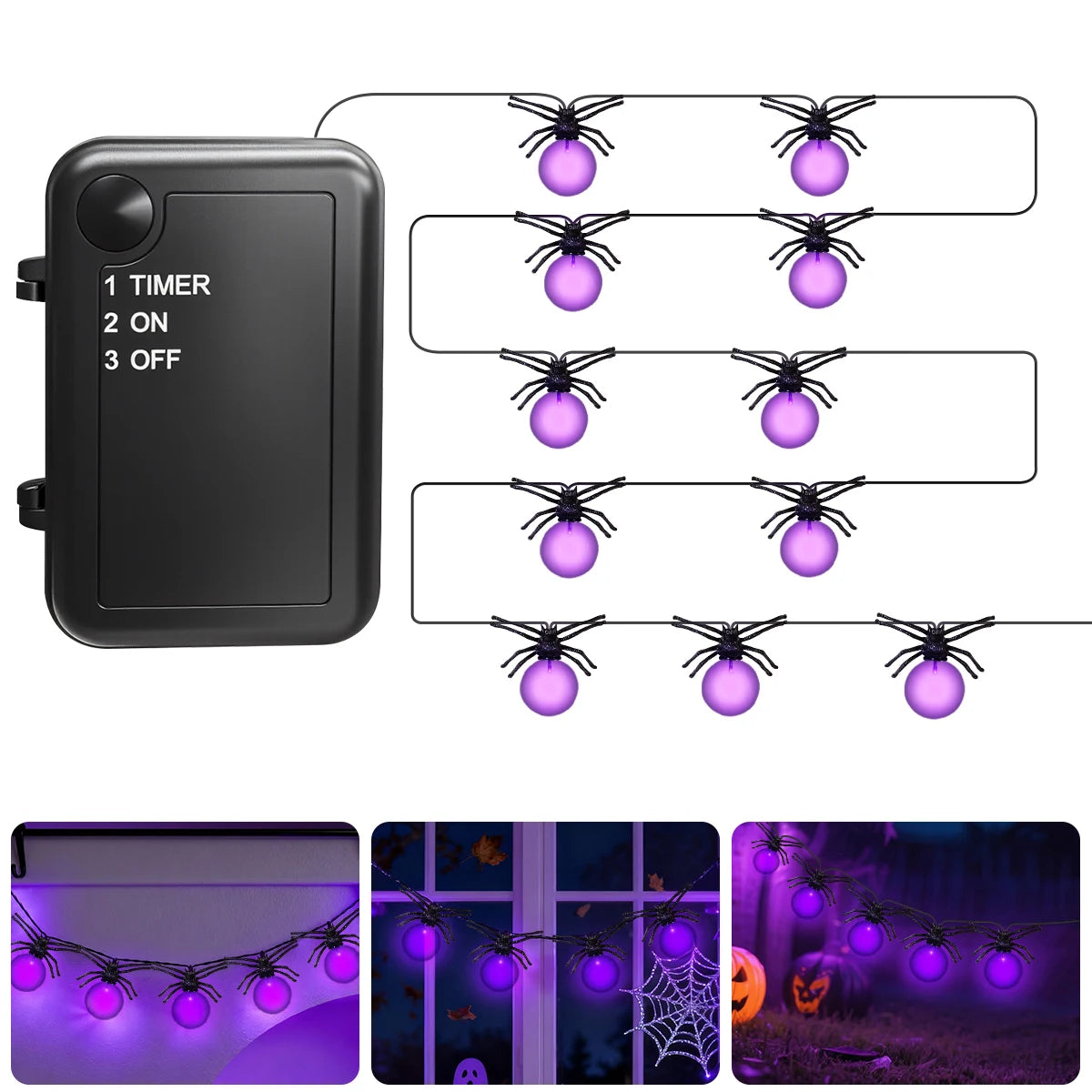 Battery Powered Purple LED Spider String Lights for Halloween and Christmas Decor