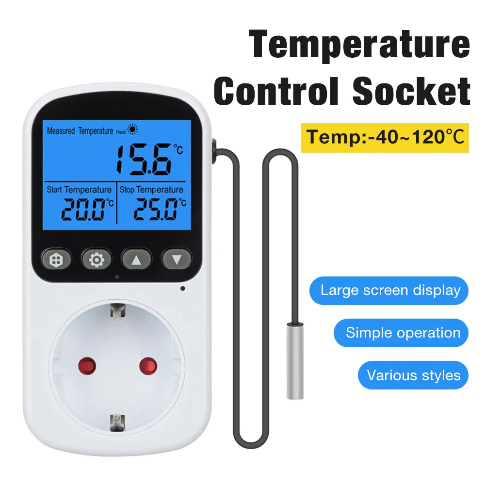 Full View LCD Thermostat Socket 16A 230V Temperature Controller EU Plug Heating Cooling Regulator with Sensor