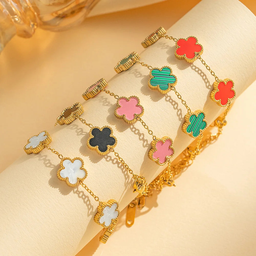 Silver Gold Color Five Leaf Flower Stainless Steel Bracelet Women's Pentalobe Plum Blossom