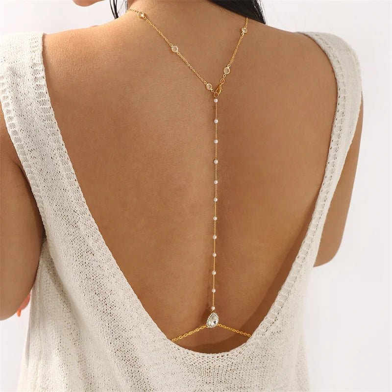 CowLost | new-crystal-zircon-pearl-back-drop-chain-necklace-for-women-elegant-long-backless-tassel |1