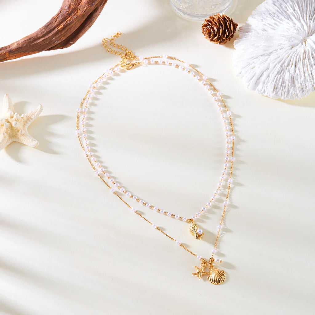 CowLost | bohemia-mulitlayer-ocean-series-necklace-for-women-starfish-shell-pearl-conch-flower-fish-tail-metal-choker-beach-party-jewelry |4