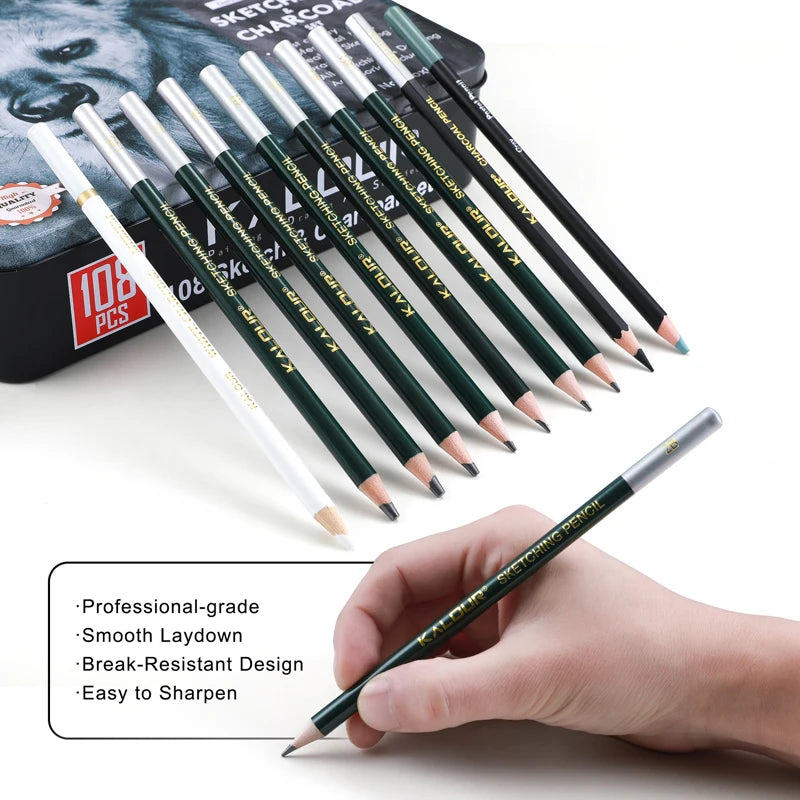 CowLost | product_id-kalour-108pcs-professional-sketching-pencil-set-with-charcoal-sticks-blending-tools-erasers |9