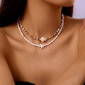 CowLost | boho-bohemian-sea-shell-starfish-pendant-necklaces-for-women-double-layered-tortoise-imitation-pearl-bead-chain-beach-jewelry |9