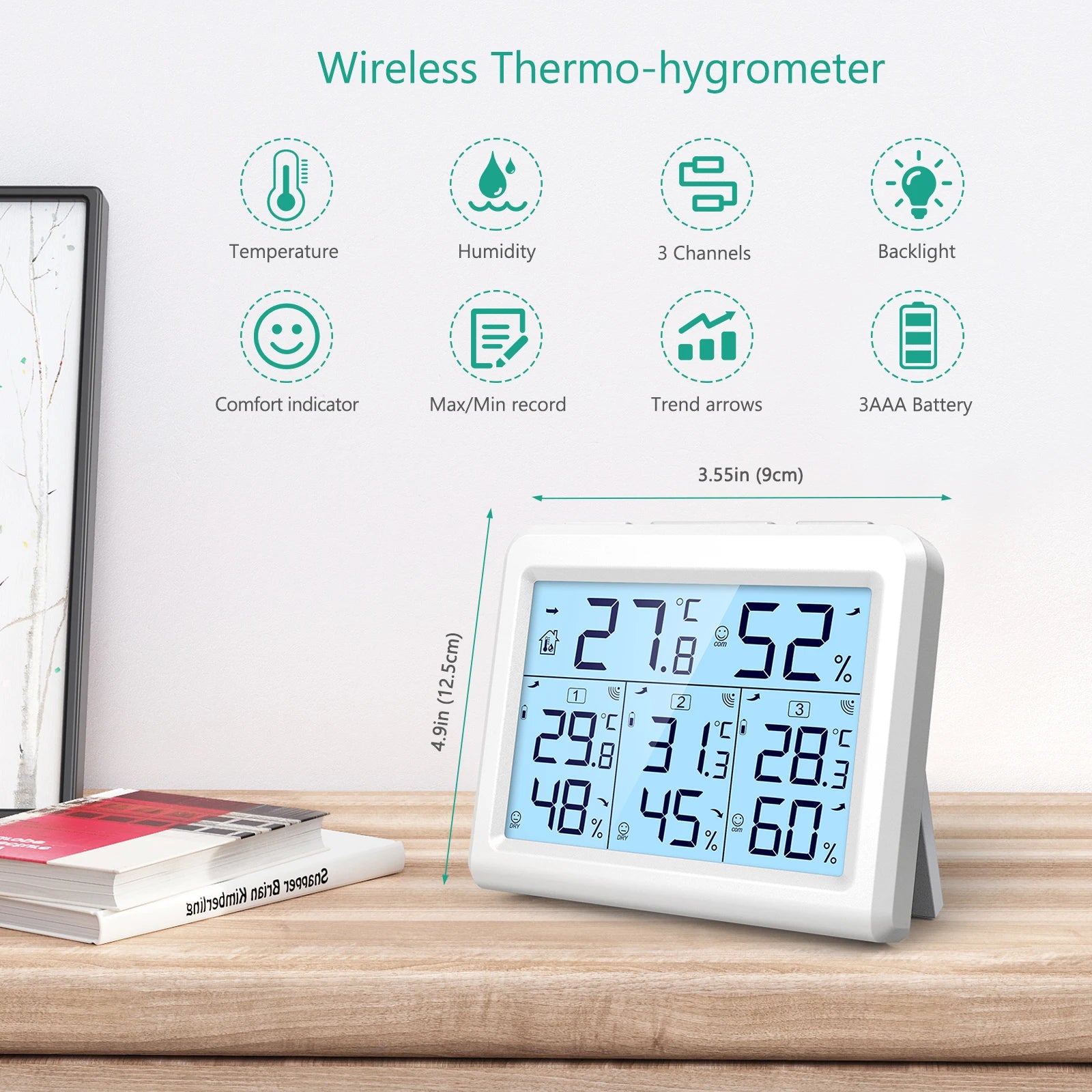 ORIA Wireless Digital Hygrometer Thermometer Indoor Outdoor with 3 Sensors