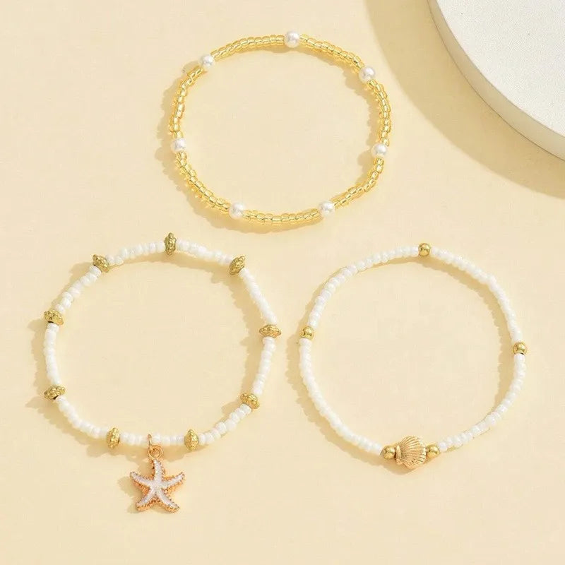Bohemian Starfish Shell Millet Bead Three-Layer Anklet Set