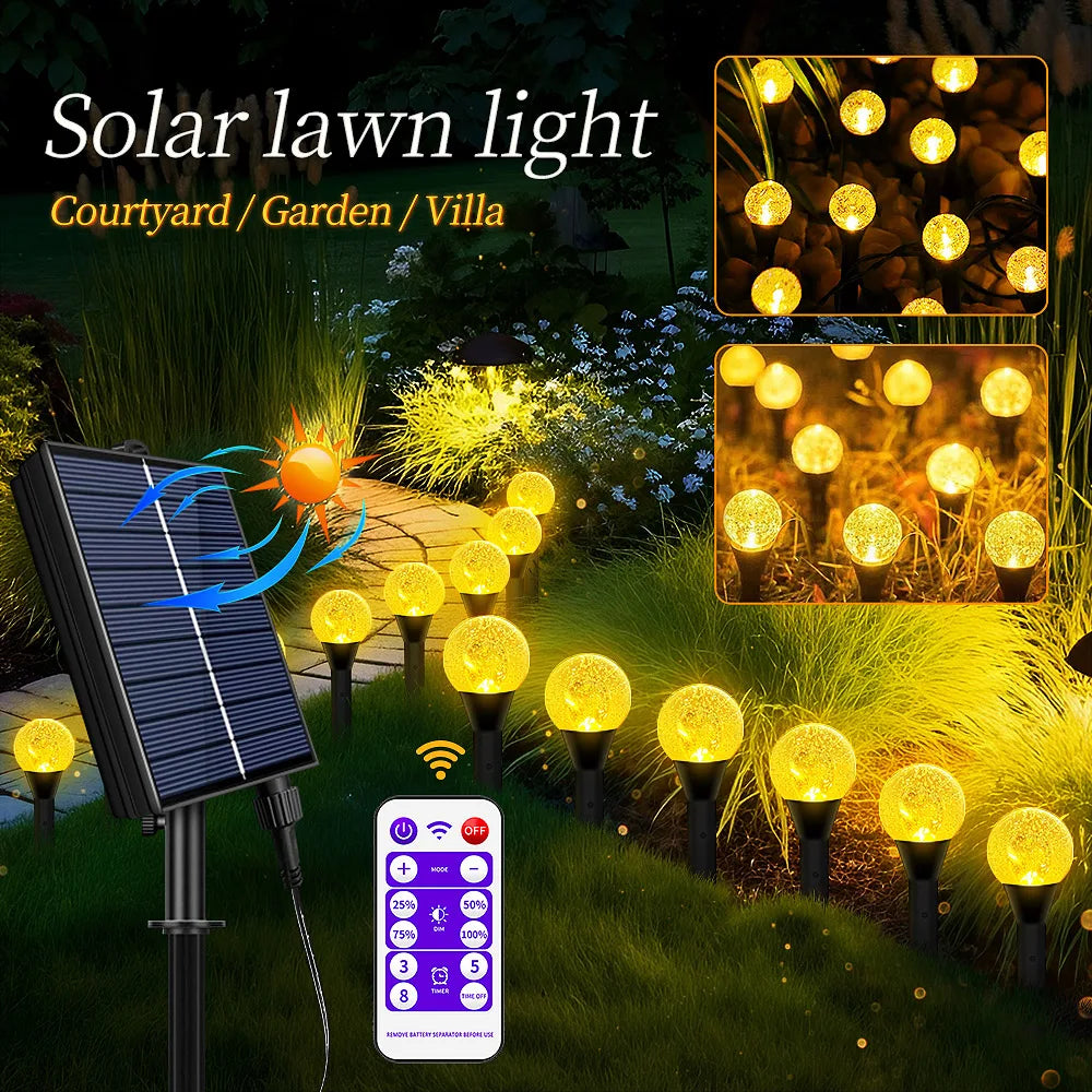 Solar Outdoor Fairy Lights Warm White LED Globe with 8 Modes Waterproof Stake Lamp for Yard Pathway