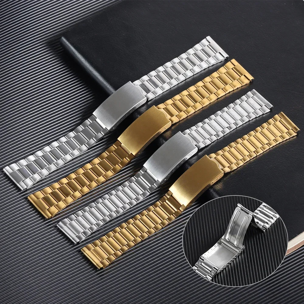 Universal Stainless Steel Watchband 12-20mm Women Metal Bracelet Folding Buckle Silver Gold