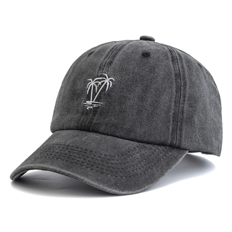 CowLost | unisex-washed-cotton-cap-coconut-tree-embroidery-vintage-baseball-cap |16