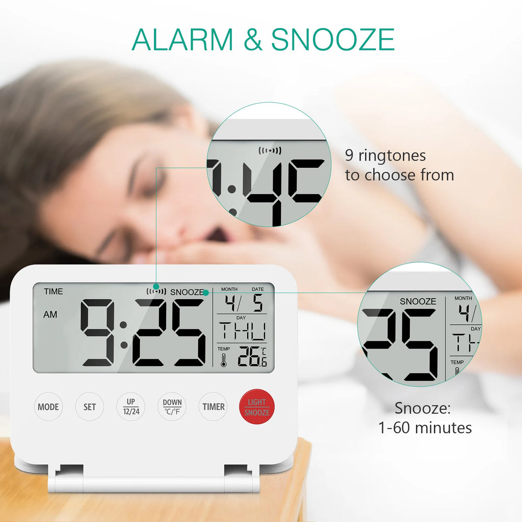 ORIA Digital Foldable LCD Alarm Clock with Calendar, Temperature, Timer – Battery Operated for Travel, Home, Office